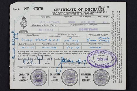 Certificate Of Discharge For Donald Mcgeagh Mv Kaitawa 1949 New