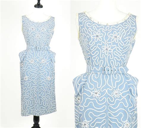 50s Dress 1950s Suzy Perette Wiggle Dress Slate Blue Linen Sheath