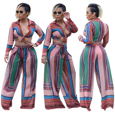 women tracksuits boho casual two piece pants set long sleeve crop top wide leg pant sets african