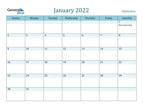 Dominica January 2022 Calendar With Holidays