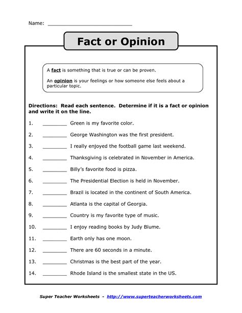 Fact Vs Opinion Worksheet 1st Grade