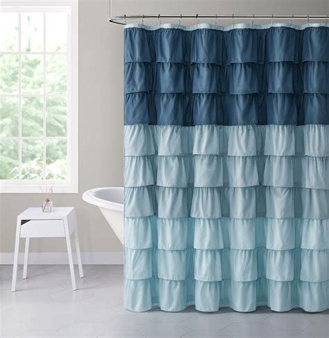 Shabby Ruffled Fabric Shower Curtain Blue