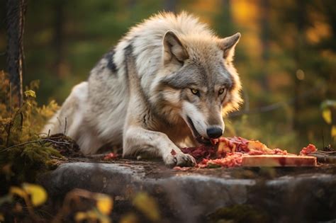 A wolf eating meat in the woods | Premium AI-generated image