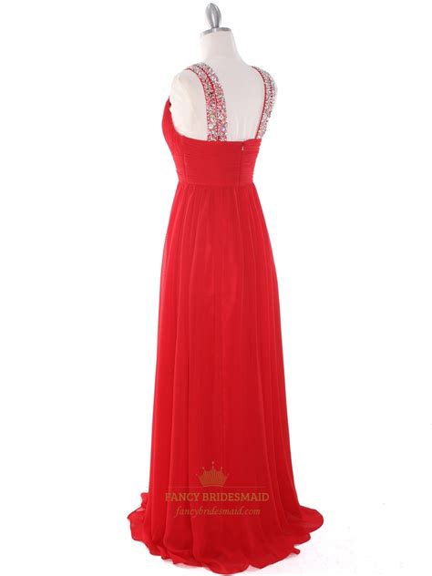 Red A Line V Neck Chiffon Sleeveless Prom Dress With Rhinestone Straps