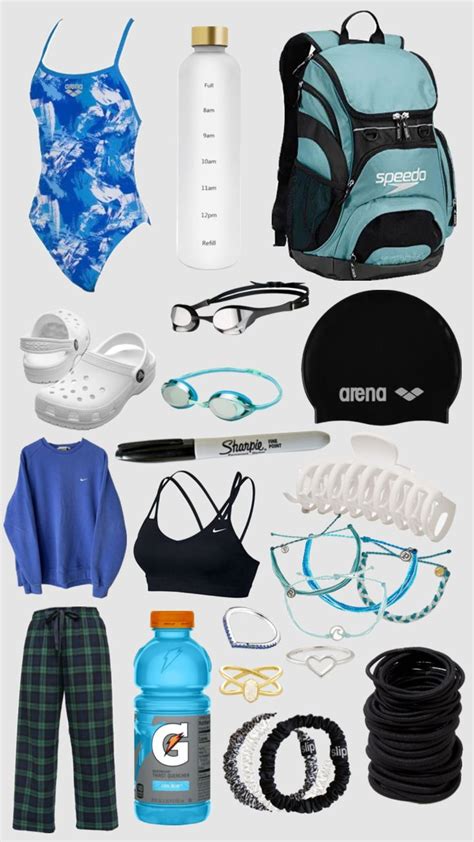 An Assortment Of Items That Include Swimsuits Swimming Caps