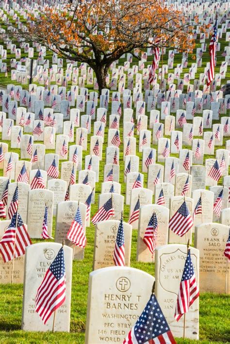 Headstones With American Flags In War Veterans Cemetery Editorial