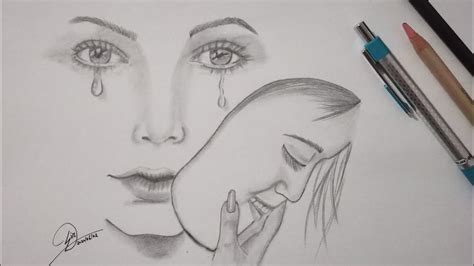 How To Draw A Sad Girl Wearing A Smiling Face Maskpencil