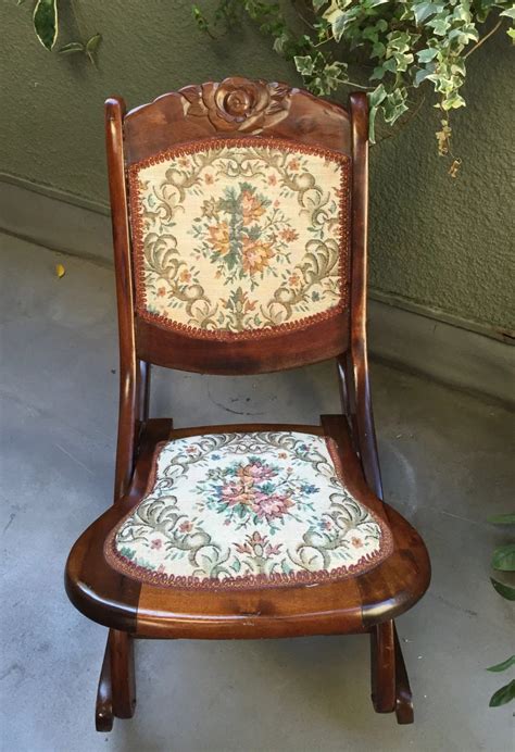 Antique Vintage Foldable Hand Carved Rocking Chair With Embroidered