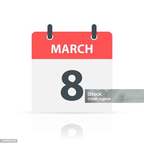 March 8 Daily Calendar Icon With Reflection On White Background Stock