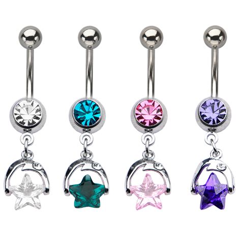 316L Surgical Steel Navel Belly Button Ring 3 8 Star Dangle 14G
