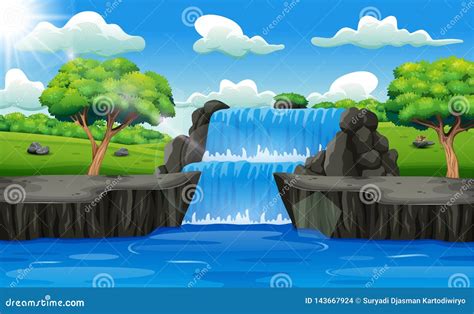 Waterfall Landscape Background In Forest Stock Vector Illustration Of