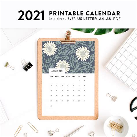 Printable Calendar 2021 Blue Floral Calendar Printable Etsy