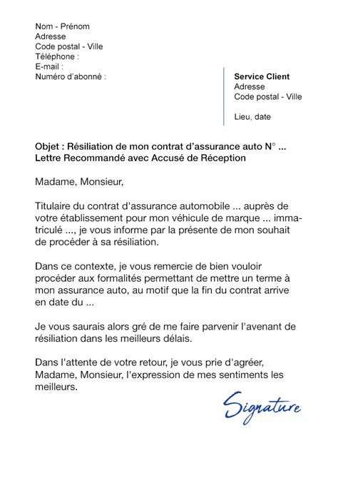 Modele de lettre type gratuit : Lettre de résiliation Assurance Auto (A échéance / Date ...