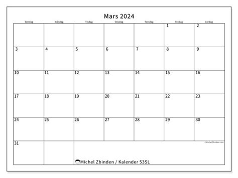 Kalender Mars 2024 För Att Skriva Ut “53sl” Michel Zbinden Fi