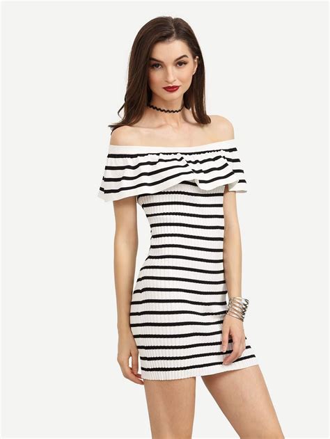 Black White Striped Ruffled Off The Shoulder Dress Shein Sheinside