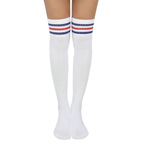 Hde Hde Women Three Stripe Over Knee High Socks Extra Long Athletic Sport Tube Socks White