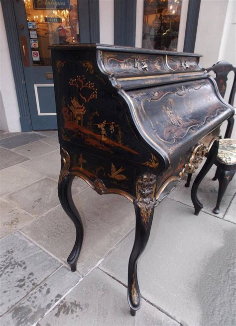 English Chinoiserie Black Lacquered And Gilt Desk With Side Chair