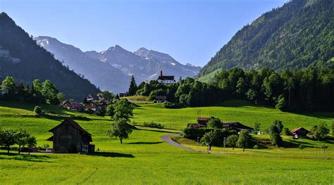 Switzerland Town Countryside Landscapes Houses Trees Grass