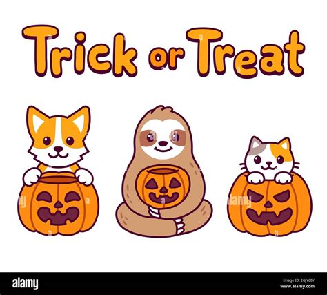 Cute Cartoon Animals With Halloween Pumpkins And Text Trick Or Treat