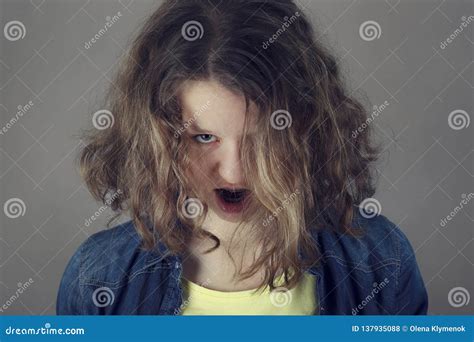 Portrait Af Angry Scary Evil Young Curly Hair Woman Stock Photo Image