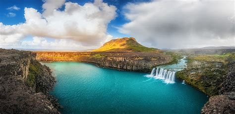 水域、 滝、 夏、 アイスランド、 川、 雲、 崖、 パノラマ、 水、 丘、 自然、 風景、 Hdデスクトップの壁紙