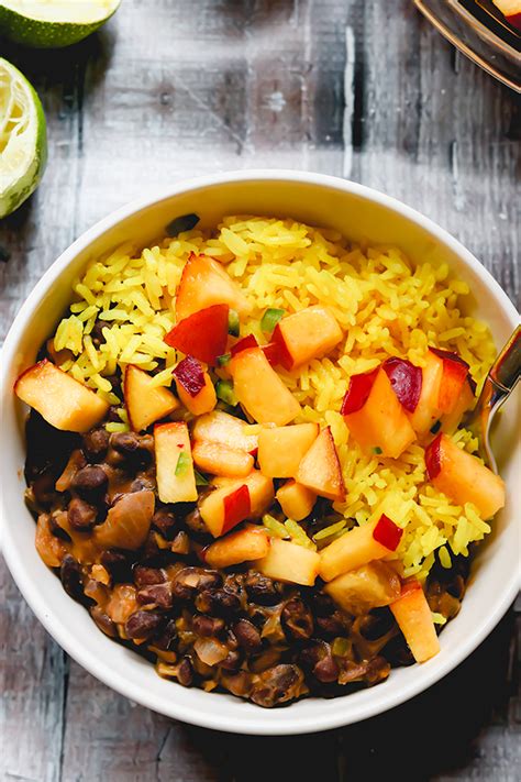 Skillet Black Beans With Nectarine Salsa And Yellow Rice Joanne Eats