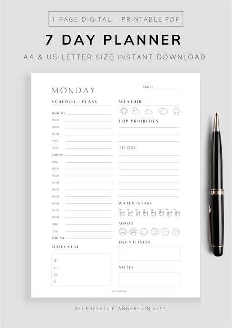 Printable 7 Day Planner Daily Planner Work Planner Weekly Planner 365