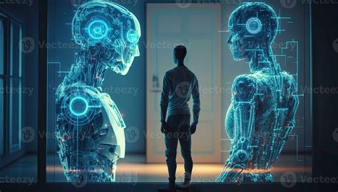 Humanoid Robots Virtual Hologram Display Background Digital Art Style