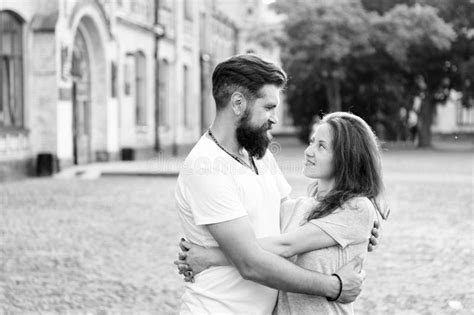 Love Is In The Air Bearded Man Hugging Adorable Woman With Love Sensual Couple In Love On