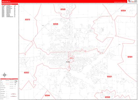 Decatur Illinois Zip Code Wall Map Red Line Style By Marketmaps
