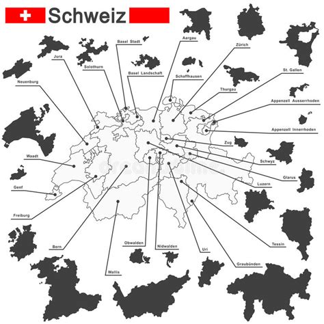 Podstawową terytorialną jednostką administracyjną szwajcarii jest kanton. Szwajcaria i kantony ilustracja wektor. Ilustracja ...