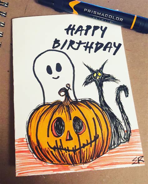 Halloween Birthday Art Card Artwork Pumpkins Marker Happy