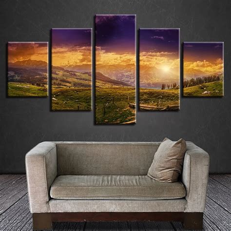 Canvas Picture Poster Modular 5 Pieces Mountain Forest Sunshine