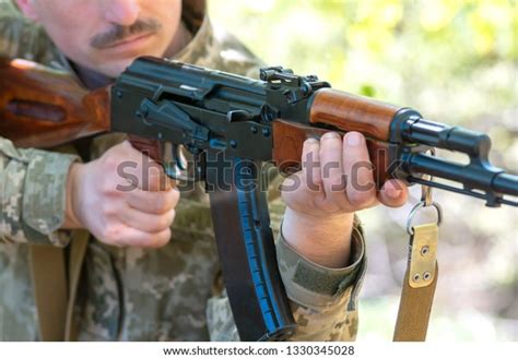 Kalashnikov Automatic Machine Gun Closeup Hands Stock Photo