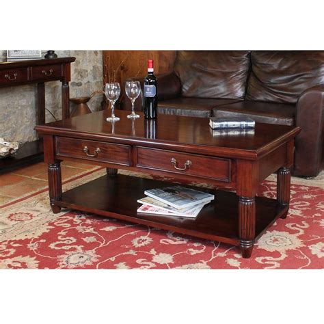 Modern industrial coffee table glass top metal & mahogany wood. Elegant Mahogany Coffee Table With Drawers