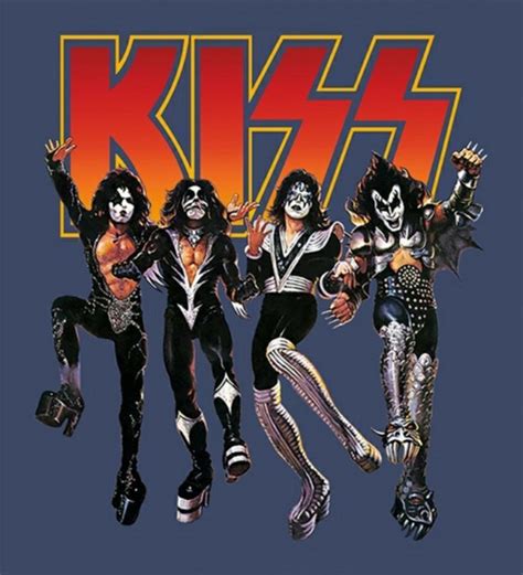 The Kiss Band In Front Of An Orange And Blue Background With Text That