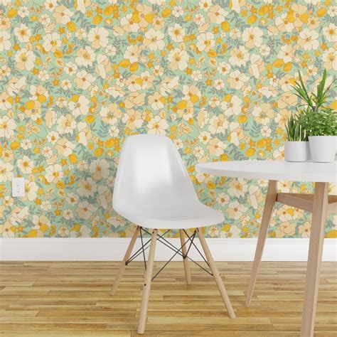 Peel And Stick Wallpaper 2ft Wide Floral 70s Vintage Flowers Retro