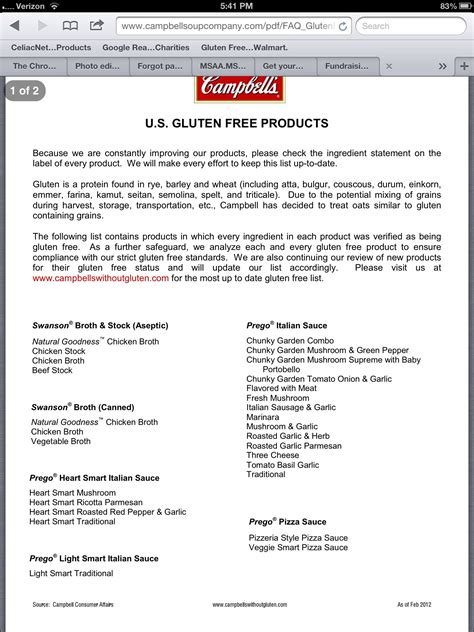 Campbells Gluten Free List As Of 11413 Page 1 Of 2 Gluten Free