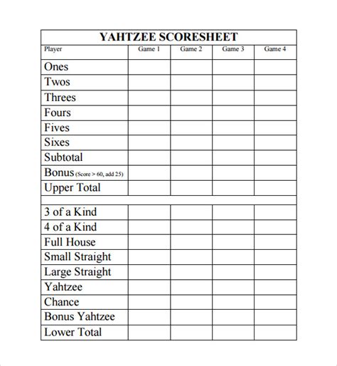Yahtzee Score Sheet Excel
