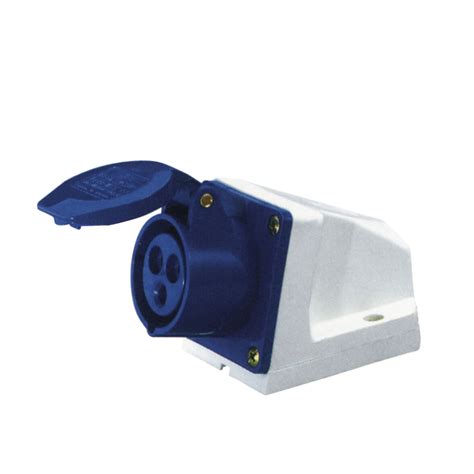 230v Blue 16a 3 Contact High Current Angled Outlet Wall Mount