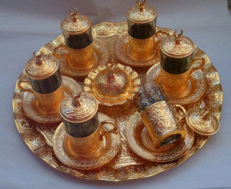 Turkish Tea Set Imperial Cups Saucers Dishes Ibrik Spoons Glass Brass