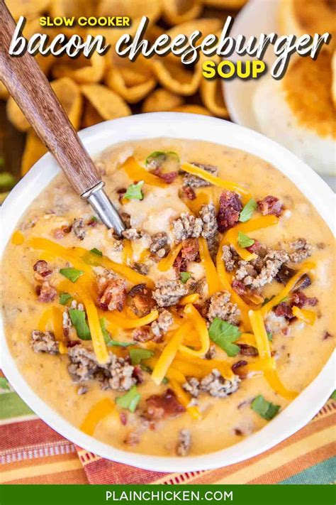 You get all the flavors of a delicious cheeseburger however, this soup would be delicious topped with lettuce, pickles, sour cream and bacon as well to make a. Slow Cooker Bacon Cheeseburger Soup - Plain Chicken
