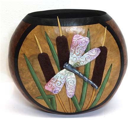 Dragonfly And Cattails Amador Gourd Artists