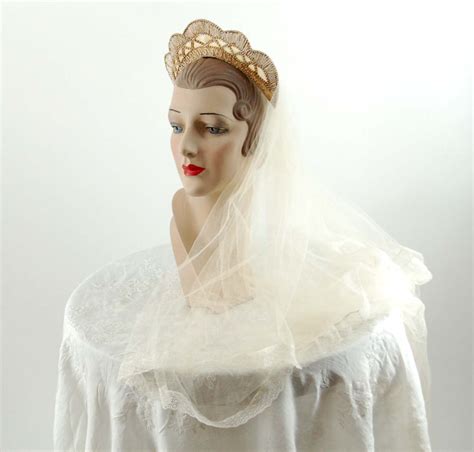 1930s Wedding Veil Bridal Ivory Beaded Crown Headpiece Veil With Tatted