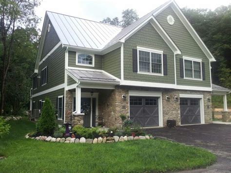 Image from recipes for decorating. Sage green siding, gray metal roof, and white trim... Love ...