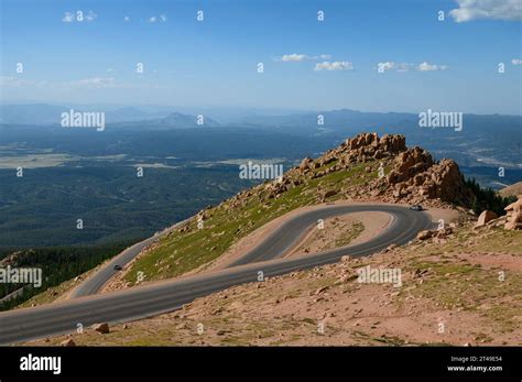 Winding Road Leading Up Pikes Peak In The Rocky Mountains In Colorado