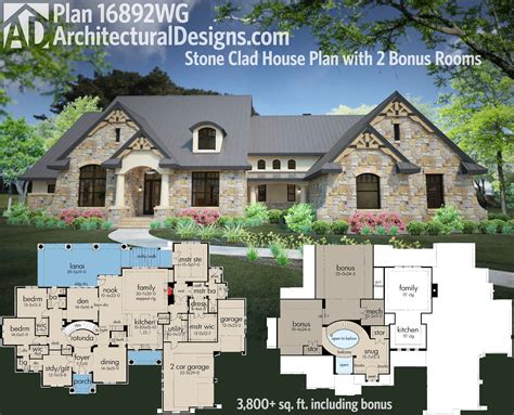 House and cottage plans 1000 to 1199 sq ft drummond. Plan 16892WG: Stone Clad House Plan with 2 Bonus Rooms | 3 ...