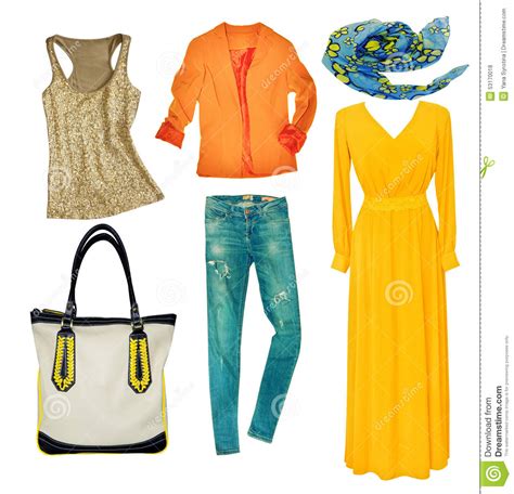 Bright Modern Clothes Set Collage Female Clothing Wear Isolated Stock