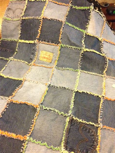 Rag Quilt Made With Old Levi Jeans Back Is Yellow Orange And Green