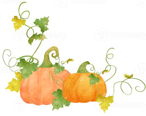 Cute Watercolor Halloween Autumn Pumpkins With Face And Vines Cartoon
